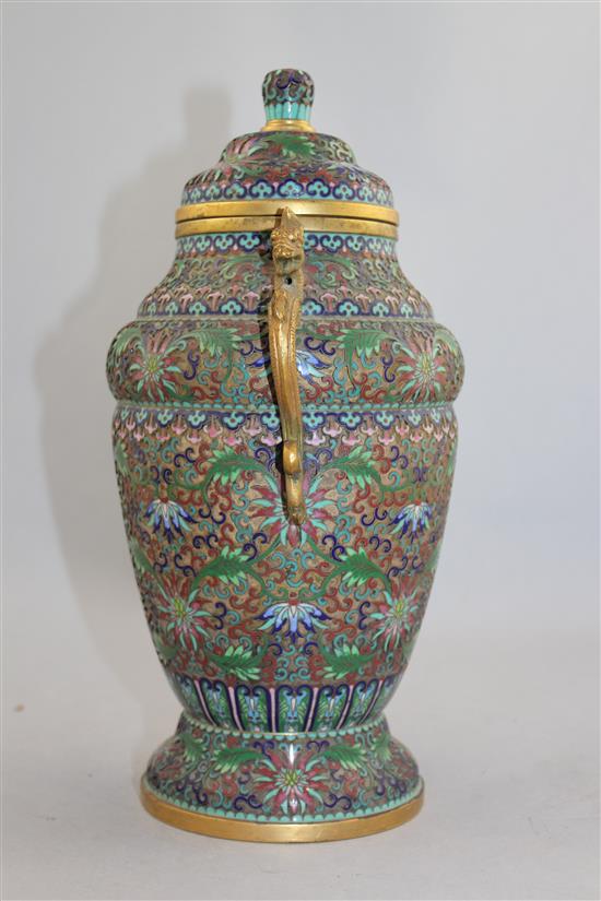 A Chinese bronze and cloisonne enamel vase and cover, early 20th century, 28.5cm